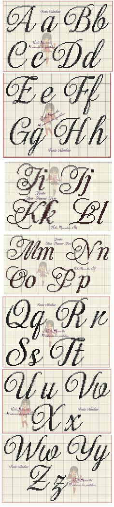 three different types of letters and numbers in cross - stitch style, each with the same letter