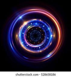 an abstract circular design with blue, red and yellow lights in the center on a black background