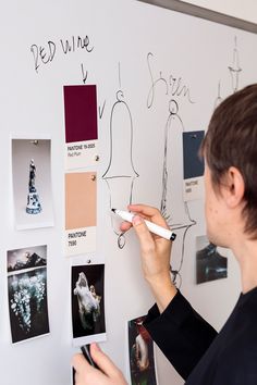 a woman writing on a white board with pictures and markers