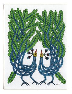 two birds are standing next to each other in front of some green leaves and branches