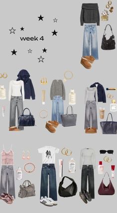 an image of clothes and accessories for the week, with stars in the sky above