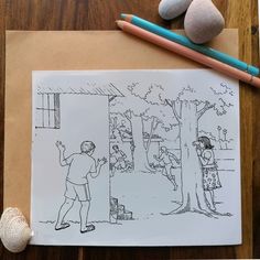 a drawing of two people standing in front of a tree with rocks on the ground