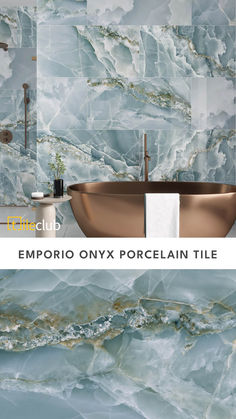 Adorn your space with these spectacular gemstone tiles! Tile Club's Emporio Onyx collection offers multiple sizes of large-format tiles in four gorgeous colors, all with matching mosaics for swimming pools and shower walls! 

These stunning slab tiles are the perfect way to add budget-friendly luxury with low-maintenance style. Lake House Bathroom Ideas, Bathroom Tiles Design Ideas, Bathroom Tiles Design, New House Construction, Onyx Tile, Bath Remodel Ideas, Lake House Bathroom, Copper Tub, Cabin Bathrooms