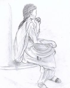 a pencil drawing of a woman sitting on the floor eating food from a plate and holding a cup