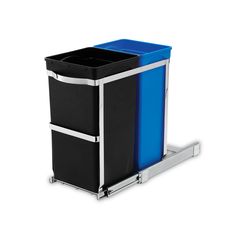 a black and blue trash can on wheels