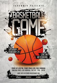 a basketball game flyer with an orange ball