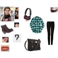 a woman's outfit and accessories including headphones