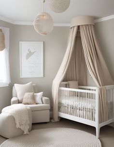 a baby's room with a white crib, chair and large round rug