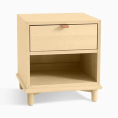 a wooden night stand with two drawers on one side and an open drawer on the other