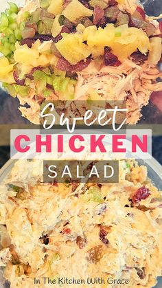 chicken salad in a plastic container with text overlay