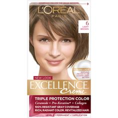 LOREAL EXCELLENCE 2PK, LIGHT BROWN | L'Oreal Paris Excellence Hair Color, Light Brown, 2 Pack Kit Loreal, 70s Bangs, Light Brown Hair Dye, Hazel Green Eyes, Caring For Colored Hair, Grey Hair Coverage, Best Hair Dye, Covering Gray Hair, Brown Hair Dye