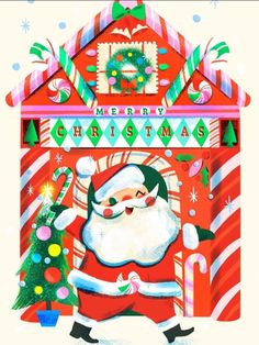 a christmas card with a santa clause and candy canes on the front, surrounded by holiday decorations