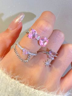 Pink  Collar  Zinc Alloy   Embellished   Women's Fashion Jewelry Pink Ring Set, Pink Crystal Jewelry, Cute Pink Rings, Princess Pendant, Kawaii Ring, Pink Rings, Pink Heart Rings, Rhinestone Rings, Pink Wedding Rings