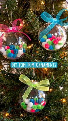 three ornaments hanging from a christmas tree with the words diy pom ornament