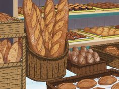 breads and pastries are in baskets on display