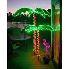 a palm tree with lights on the outside and in front of a window at night