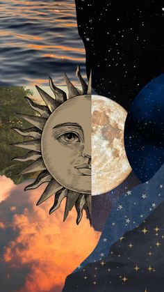 an image of the sun and moon over water