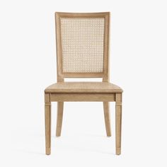 a wooden chair with wicker backrests on a white background, side view