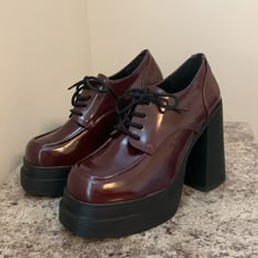 Nwot Found This Beauty In A Size 8 Super Squishy Inside (See Video!) Super Duper Platform! Color Is Wine / Maroon / Redish Brown / A Tint Of Purple Color True To Pics, Not Sure Which To Call It Tho Lol Heel And Platform Part Is Black Patent Leather Is Madden Girl Brand, Which Is Steve Madden’s Sister Brand. Purchased From Steve Madden Store And So I Have Them Under That Brand For More Exposure! Chunky Combat Boot Style Kinda Giving Me Doll Kill Emo Style Heels Also Giving Me Daphne (Scooby Doo) Purple Shoes For Women, Brown Patent Leather Boots, Steve Madden Aesthetic, Dark Red Shoes, Bratz Shoes, Daphne Scooby Doo, Doll Heels, Vintage Steve Madden, Chunky Combat Boots