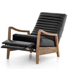 a black leather reclining chair with wooden frame and arm rests on an isolated white background