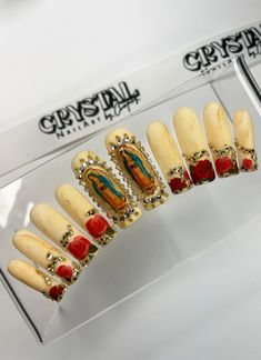 Virgin Mary Mother Mary Religious Press-on Nails - Etsy Mother Mary Nails, Virgin Mary Nails Designs, Catholic Nail Art, Cathedral Nails, Kali Uchis Nail Ideas, Sacred Heart Nails, Religious Nails, Virgin Mary Nails, Virgencita Nails