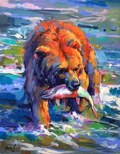 an oil painting of a dog holding a fish in its mouth while walking through the water