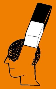 an orange background with a black and white image of a man's head wearing a cell phone on top of his head