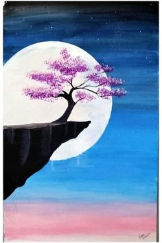 a painting of a tree on top of a cliff with the moon in the background