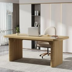 an office desk with a laptop on it in front of a large window and sliding glass doors