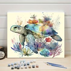 a watercolor painting of a sea turtle surrounded by plants and succulents