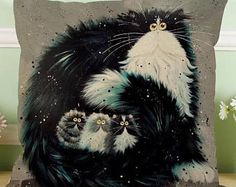 a painting of a black and white cat with three kittens on it's back