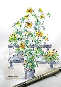 a drawing of a potted plant with sunflowers in it next to a bench