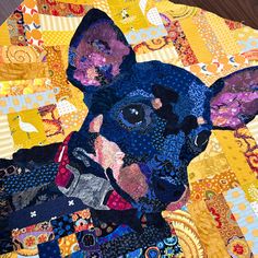 a close up of a dog on a quilt