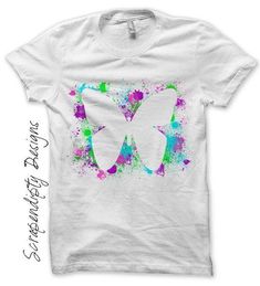 a white t - shirt with colorful butterflies on the front and back, printed in watercolor