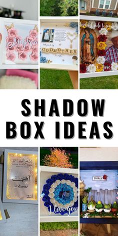 the shadow box is filled with pictures and text that reads, shadow box ideas for home decor