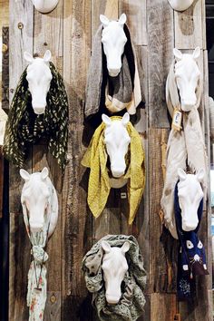 several horse heads mounted to the side of a wooden wall with scarves on them