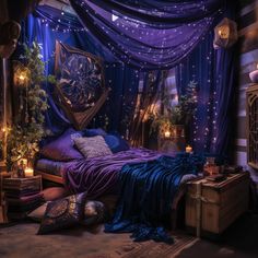 a bedroom decorated in purple and blue with lots of lights on the ceiling, bedding and curtains