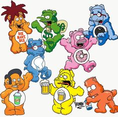 six cartoon bears are holding beer and donuts