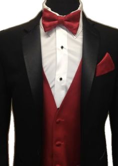 a red and black tuxedo with white shirt