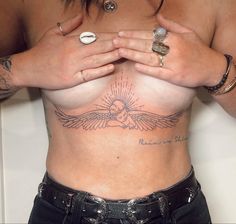 Angel Stomach Tattoos Women, Sternum Angel Tattoo, Angel Tattoo Sternum, Angel Tattoo Stomach, Angel Back Tattoos Women, Angel Sternum Tattoo, Chest Women Tattoo, Sternum Tattoo Cover Up, Sternum Stomach Tattoo