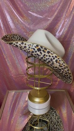 Gold Cowgirl Hat, Rhinestone Cowgirl Hat, Sewing Designs, Leopard Hat, Hat Bar, Rhinestone Cowgirl, Clawdeen Wolf, Idol Outfit, Crystal Trim