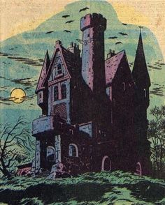 an old house with a tower on the top and bats in the sky above it