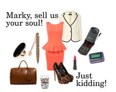 there is a woman's outfit and accessories on display with the words, mary, sell us your soul just kidding