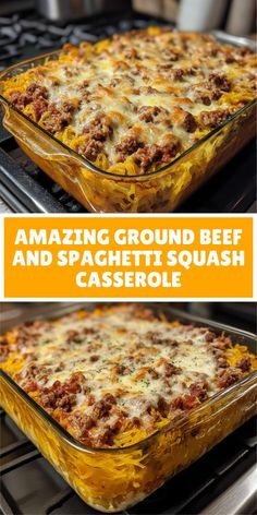 A baked Ground Beef And Spaghetti Squash Casserole in a glass dish, topped with melted cheese and ground beef, highlighting a savory casserole recipe combining spaghetti squash and hearty ground beef. Beef And Spaghetti Squash, Beef Spaghetti Squash, Ground Beef Spaghetti, Best Spaghetti Squash Recipes, Spaghetti Squash Carbonara, Beef Spaghetti, Healthy Squash Recipes, Spaghetti Squash Casserole