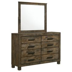 a dresser with a mirror on top of it and drawers below the drawer, in front of a white background