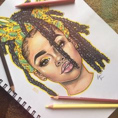 a drawing of a woman's face with braids on her head and two colored pencils next to it