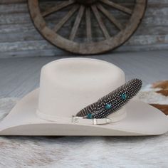 Handmade feather accent for your favorite hat. Made with a genuine pheasant feather, howlite turquoise is hand-sewn to the spine of the feather. Approximately 5-8 inches long, sizes may vary.    Genuine Pheasant Feather  Approx. 5-8 inches - sizes will vary  Tuck into the band of any hat!  *Hat not included*  Howlite Turquoise Beaded Hat Bands, Pheasant Feather, Beaded Hat, Feather Hat, Cowboy Boots Women, Leather Hats, Turquoise Howlite, Pheasant, Hat Band