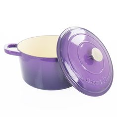 purple casserole with lid on white background