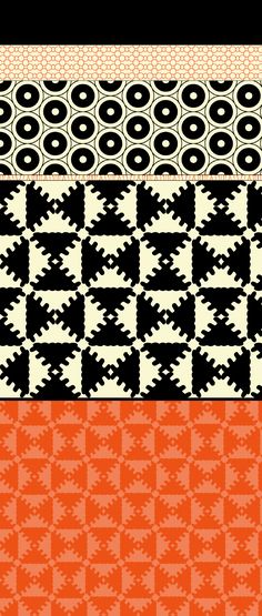 an orange and black pattern is shown in three different colors, one with circles on it