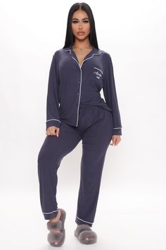 Available In Navy. PJ Pant Set Awakeish Pocket Verbiage Long Sleeve Front Pocket Collar Drawstring Waist Full Stretch Final Sale 95% Polyester 5% Spandex Imported | Awakeish PJ Pant Set in Navy Blue size Large by Fashion Nova Navy Casual Loungewear Sets, Pj Pant, Smoothie Healthy, Sleepwear Fashion, Cute Sleepwear, Fashion Nova Outfits, Thrifted Outfits, Stylish Summer Outfits, Short Pj Set